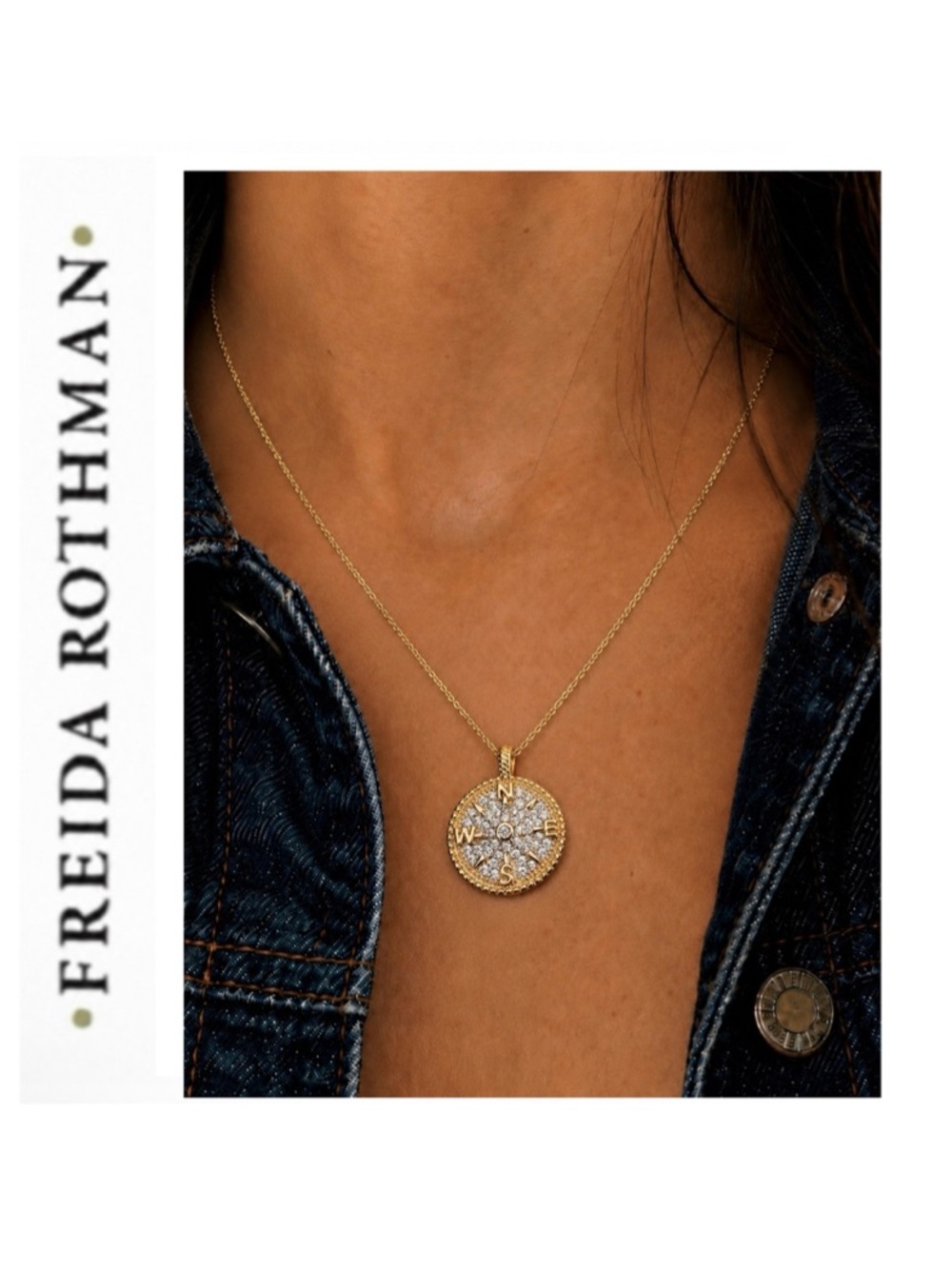 Freida Rothman Vault Gold Pavé CZ Compass Medallion Pendant